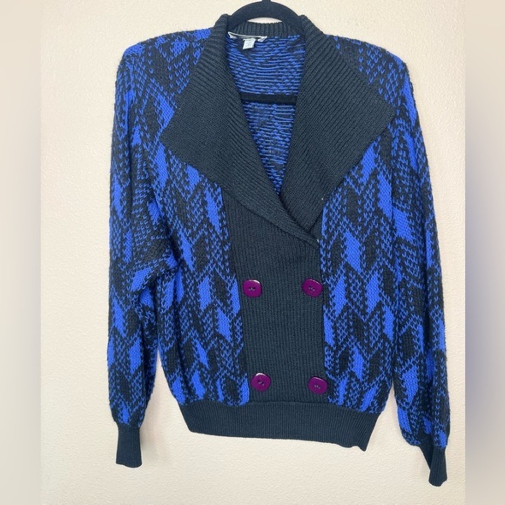 Vintage Marie St John Knit Pullover V Neck Sweater Blue Black Buttons Size M